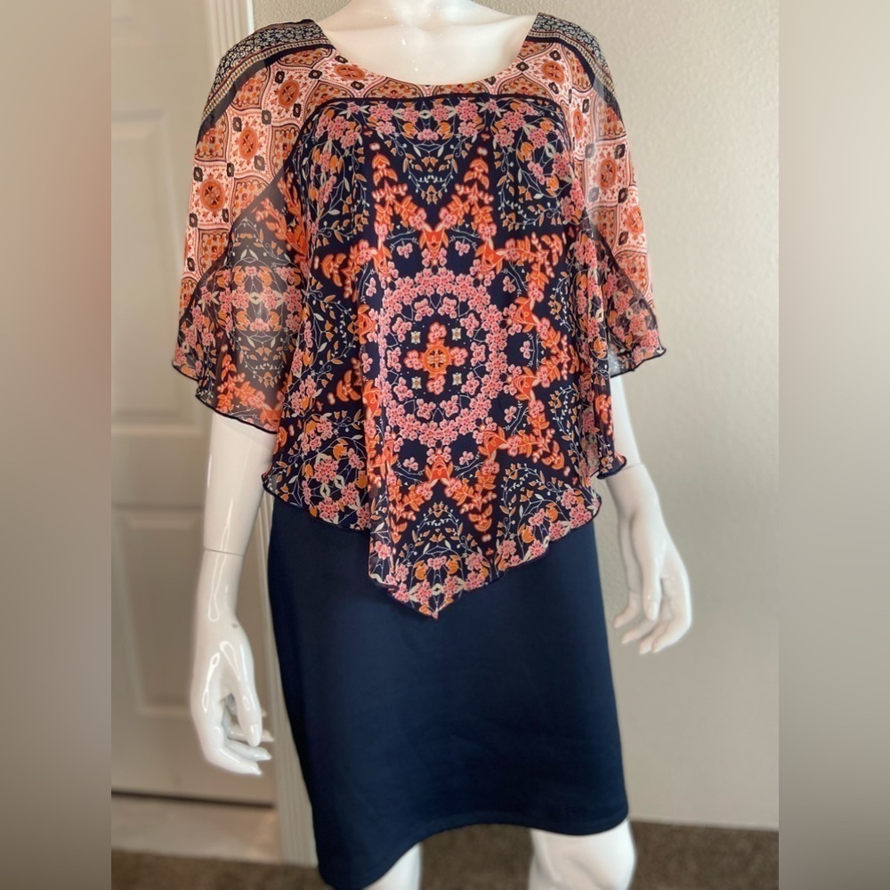 Enfocus~Bright Boho Vibe~Semi-Sheer Poncho -Type Overlay~Sheath Dress~Size 14W